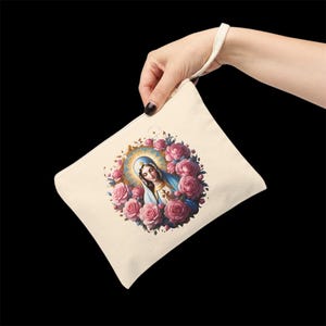Jungfrau Maria Reißverschlusstasche, Jungfrau Maria Rosenkranztasche, Rosenkranzetui, Mini-Clutch-Tasche, Kapellenschleier-Massentasche, Tote Cotton Canvas katholisch