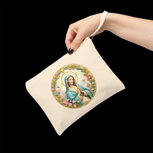 Jungfrau Maria Reißverschlusstasche, Jungfrau Maria Rosenkranztasche, Rosenkranzetui, Mini-Clutch-Tasche, Kapellenschleier-Massentasche, Tote Cotton Canvas katholisch
