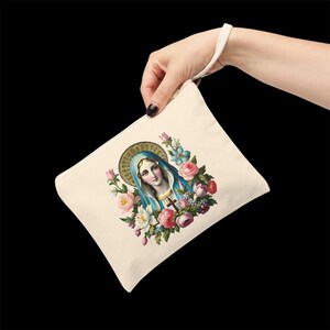 Jungfrau Maria Reißverschlusstasche, Jungfrau Maria Rosenkranztasche, Rosenkranzetui, Mini-Clutch-Tasche, Kapellenschleier-Massentasche, Tote Cotton Canvas katholisch