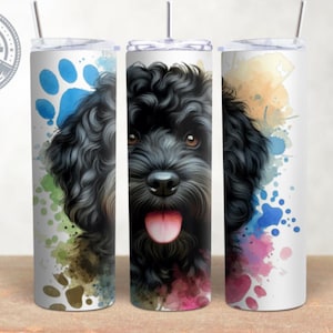 Schwarzes Cockapoo Rassehund Design, Pfotenabdrücke 20 Unzen Skinny Tumbler Wrap, Aquarell Tumbler Wrap, Sublimation, PNG Herunterladen