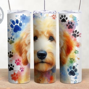 Raça de cachorro Golden Doodle, Design de cachorro, 20 oz Skinny Tumbler Wrap, Aquarela Tumbler Wrap, Sublimação, PNG Download