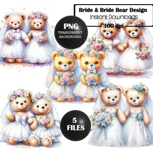 Set von 5 Braut und Braut Bär Clip Art, Hochzeitstag Bären, Gay Ehe Design, PNG, Design, T-Shirt Design, Becher Design, Kartendesign