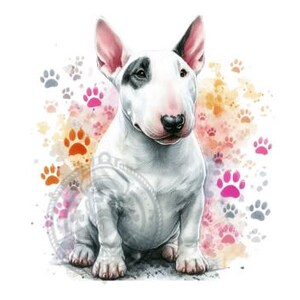 Peut inclure: Un chien bull terrier blanc avec des marques noires assis sur un fond blanc avec un motif aquarelle coloré d'empreintes de pattes.