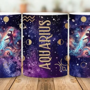 Emballage de tasse de signe astrologique du Verseau, conception céleste, cadeau d'astrologie, emballage de tasse, sublimation, PNG, téléchargement immédiat