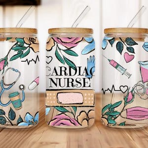 Diseño de enfermera cardíaca, envoltura para vaso de vidrio de 16 oz, envoltura para vaso de vidrio, envoltura para frasco de vidrio, envoltura para vaso de vidrio, descarga de PNG por sublimación
