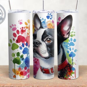 Conception de race de chien Boston Terrier, empreintes de pattes 20 oz, emballage de verre mince, emballage de verre aquarelle, sublimation, PNG, téléchargement immédiat