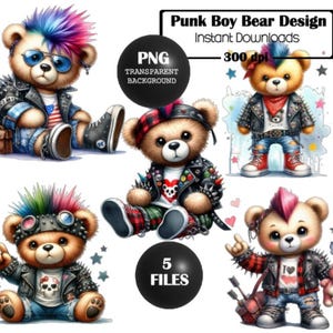 Lot de 5 clipart ours garçon punk, ours en peluche, sublimation, PNG, conception, conception de t-shirt, conception de tasse, conception de cartes