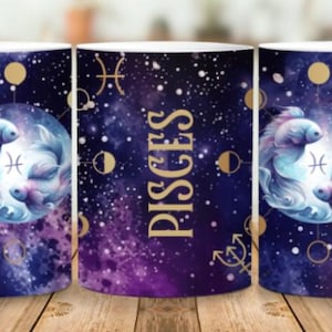 Envoltura para taza con el signo del zodíaco Piscis, diseño celestial, regalo de astrología, envoltura para taza, sublimación, PNG, descarga instantánea