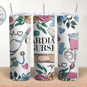 Diseño de enfermera cardíaca, ocupación, regalo de enfermera cardíaca, envoltura de vaso delgado de 20 oz, envoltura de vaso de acuarela, sublimación, descarga PNG