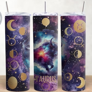 Diseño de envoltura para vaso con el signo del zodíaco celestial Tauro, envoltura para vaso delgada de 20 oz con diseño de signo del zodíaco, envoltura para vaso con acuarela por sublimación, descarga PNG