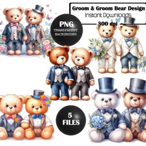 Set von 5 Bräutigam und Bräutigam Bär Clip Art, Hochzeitstag Bären, Gay Ehe Design, PNG, Design, T-Shirt Design, Becher Design, Kartendesign