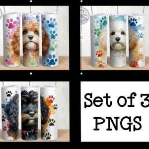 May include: Set of three sublimation designs featuring watercolor-style illustrations of dogs on a white background. Each design includes a dog's head with paw prints in the background. The text "Set of 3 PNGs" is displayed below the designs.