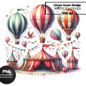 Desenho de balão de ar quente de circo em aquarela, PNG, fundo transparente, clip art, sublimação, criação de cartões, scrapbooking, download digital