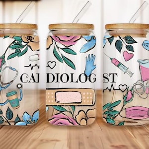 Diseño de cardiólogo, médico, envoltura para vaso de vidrio de 16 oz, envoltura para vaso de vidrio, envoltura para frasco de vidrio, envoltura para vaso de vidrio, descarga de PNG por sublimación