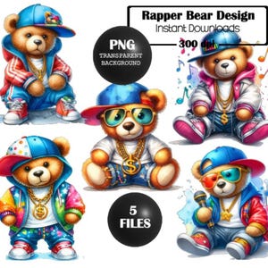 Set von 5 coolen Rapper Bären Clip Art, Rapper Bären, Sublimationsdesign, PNG, Design, T-Shirt Design, Becher Design, Kartendesign