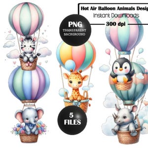 Conjunto de 5 Design de Clip Art de Balão de Ar Quente, Chá de Bebê, Design de Berçário de Bebê, PNG, Design, Design de Camiseta, Design de Caneca, Design de Cartão