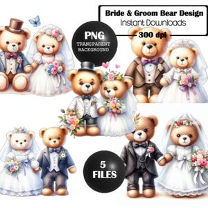 Set von 5 Braut und Bräutigam Bär Clip Art, Hochzeitstag Bären, Sublimationsdesign, PNG, Design, T-Shirt Design, Becher Design, Kartendesign