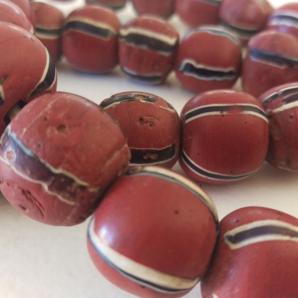 Antique Venetian Brick Red Striped African Trade King Beads, 31 1/2 inch strand