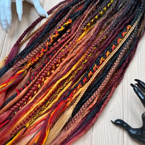 Full Set Crochet Synthetic Dreads &quot;Fire&quot; - Black to red, orange, yellow, burgundy braids Hair Extensions Dreadlocks for Gothic, Hair Cosplay