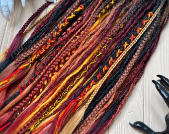 Crochet Synthetic Dreads: "Fire" Black to Red, Orange, Yellow, Burgundy Ombre Braids