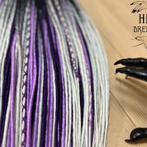Twisted Synthetic Dreadlocks, Mixed Black to White and Lavender Ombre | Purple Thread Wrapped Accents