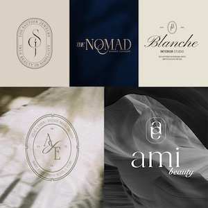 Könnte beinhalten: Eine Sammlung von fünf verschiedenen Logodesigns mit unterschiedlichen Typografien und grafischen Elementen. Die Logos umfassen The Sautoir Jewelry, The Nomad Barber Concept, Blanche Interior Studio, Atlas & Ember Vintage Bridal Dresses und Ami Beauty.