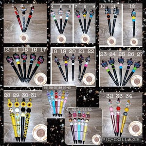May include: A collage of 45 different pens with various colourful and patterned beads and charms. The pens are numbered 1 through 45. The pens are all black with a silver clip. The beads and charms are all different colours and patterns. Some of the beads and charms have text on them, such as "I love all my students" and "Teacher".
