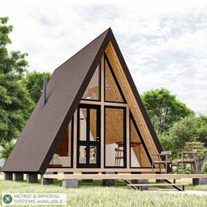 A-Frame-plattegronden 14 x 20, 1 slaapkamer, Tiny A Frame-huisplannen, plattegronden kleine huizen, plattegronden modern huis, hut DIY, kleine huisplannen