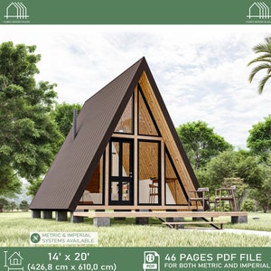 Planos de cabaña con estructura en forma de A de 14 x 20, minicasa DIY, cabaña de 280 pies cuadrados, planos de casa