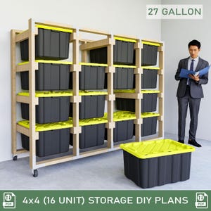 DIY 27 Gallon Tote Storage Rack Plans, 16 Unit Garage Shelving (Digital Download)