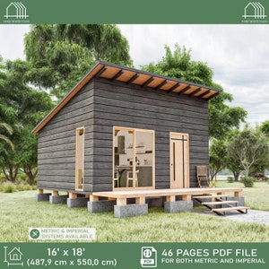 16' x 18' Cabin Plans, Tiny House Plan 300 SQFT, Small House Blueprints (PDF)
