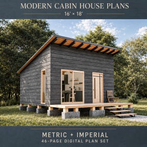 May include: Modern cabin house plans for a 16' x 18' structure. The digital plan set includes 46 pages featuring a dark wood-sided cabin with a shed roof, a wooden deck, a sliding glass door, a single door, and a tall side window.