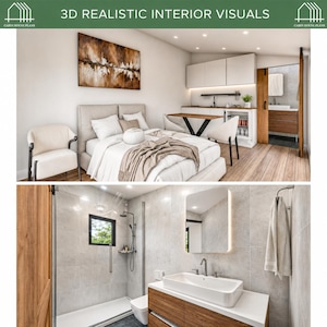 May include: A 3D interior visualization showing a studio apartment with a bed, armchair, and kitchenette, alongside a bathroom featuring a walk-in shower, a rectangular sink on a wooden vanity, and a mirror. Text reads 3D REALISTIC INTERIOR VISUALS.