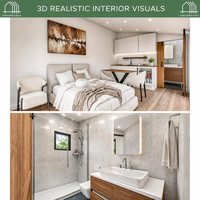 May include: A 3D interior visualization showing a studio apartment with a bed, armchair, and kitchenette, alongside a bathroom featuring a walk-in shower, a rectangular sink on a wooden vanity, and a mirror. Text reads 3D REALISTIC INTERIOR VISUALS.