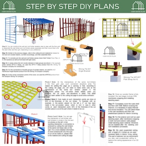 May include: A digital instructional guide titled STEP BY STEP DIY PLANS for building a cabin. The document features 3D renderings of wooden floor and wall frames, diagrams of metal connectors like Strong Tie APVT and A21, and text instructions.