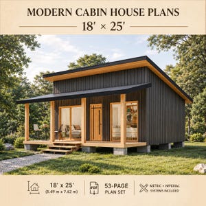 Puede incluir: Planos de casa cabaña moderna para una estructura de 5,49 m x 7,62 m. El diseño presenta un exterior oscuro con revestimiento vertical, techo de una sola pendiente, porche de madera y grandes puertas correderas de cristal. Incluye 53 páginas.
