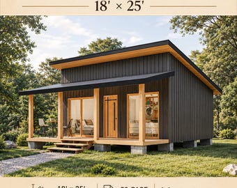 18x25 Cabin House Plans, 450 SF Small Cottage (Digital Download)