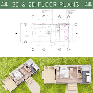 May include: A architectural document titled 3D & 2D FLOOR PLANS showing a cabin layout. The top section displays a technical 2D floor plan with dimensions, while the bottom section features two 3D perspective views of the cabin interior.