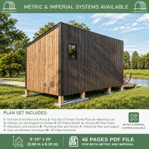 May include: A digital architectural plan set for a cabin measuring 9 feet 10 inches by 20 feet. The image displays a rectangular wooden structure with dark and light vertical siding, a single window, and a 46-page PDF file containing blueprints.