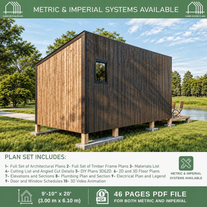 May include: A digital architectural plan set for a cabin measuring 9 feet 10 inches by 20 feet. The image displays a rectangular wooden structure with dark and light vertical siding, a single window, and a 46-page PDF file containing blueprints.