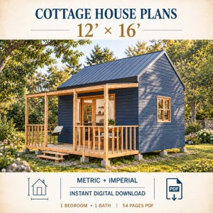 May include: Cottage house plans for a 12' x 16' structure. The design features a dark blue exterior, a metal roof, and a wooden porch with railings. The digital download includes 54 pages in PDF format, detailing a 1 bedroom and 1 bath layout.