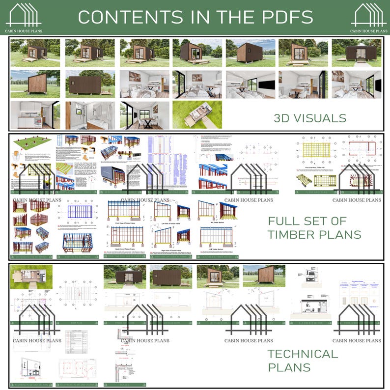 May include: A digital document set titled CONTENTS IN THE PDFS featuring 3D visuals of small cabin exteriors and interiors, a full set of timber framing construction plans with structural diagrams, and technical architectural floor plans for cabin builds.