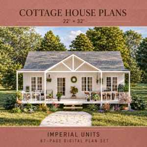 Planos de cabaña de estilo granja de 22' x 32', plano de barndominium de 700 pies cuadrados, planos de minicasas