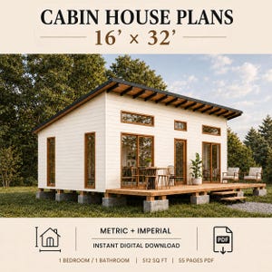May include: Cabin house plans for a 16' x 32' structure. The design features a white exterior with wood-trimmed windows and doors, a shed roof, and a wooden deck. The document is a 55-page PDF for a 1 bedroom, 1 bathroom home totalling 512 sq ft.