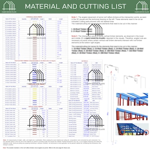 May include: A technical document titled Material and Cutting List for cabin house plans. It features detailed tables listing wood components, quantities, and dimensions in inches, alongside notes on roof rafter angles and 3D structural diagrams.