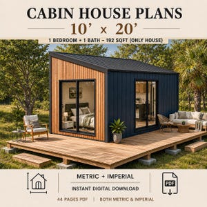 Op de afbeelding: Huisplannen voor een hut van 3,05m x 6,10m, 1 slaapkamer, 1 badkamer, 17,8 m². Het ontwerp toont een moderne hut met houten gevelbekleding, een donker metalen dak en grote glazen schuifdeuren die uitkomen op een houten terras. Inclusief 44 PDF-pagina's.