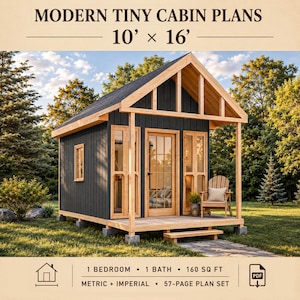 Tiny House Plans DIY, Small Cabin Plan, 1 Bedroom Cottage Plan,  Adu Blueprints