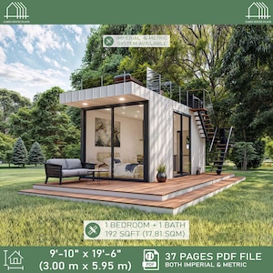 May include: A contemporary cabin design with a white exterior, large glass windows, and a rooftop deck. The cabin is set on a wooden deck and surrounded by green grass and trees. The cabin measures 3.00 m x 5.95 m. The text says "1 BEDROOM + 1 BATH" and "37 PAGES PDF FILE".