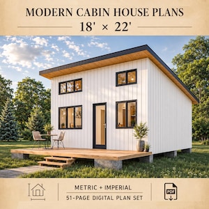 18' x 22' Tiny House Plans, 400 SQFT Cabin, 1 Bedroom House Blueprints, Small ADU
