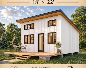 18' x 22' Tiny House Plans, 400 SQFT Cabin, 1 Bedroom House Blueprints, Small ADU